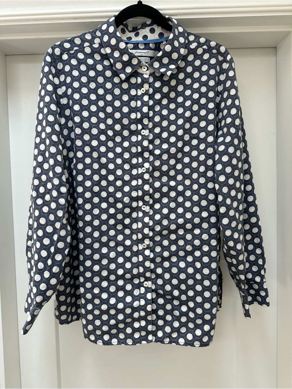 Foxcroft Navy and White Polka Dot Button-Down Shirt